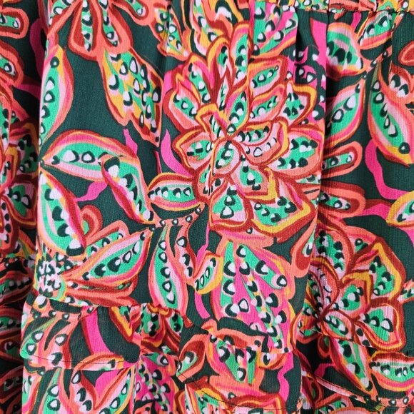 J. Crew Floral Boho Pink Green Print Skirt Large Tired Ruffle Knee Length Flowy - Picture 2 of 9